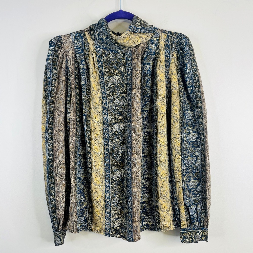 Vintage Bow Back Secretary Top Womens 14 Paisley Tapestry Print Career Casual